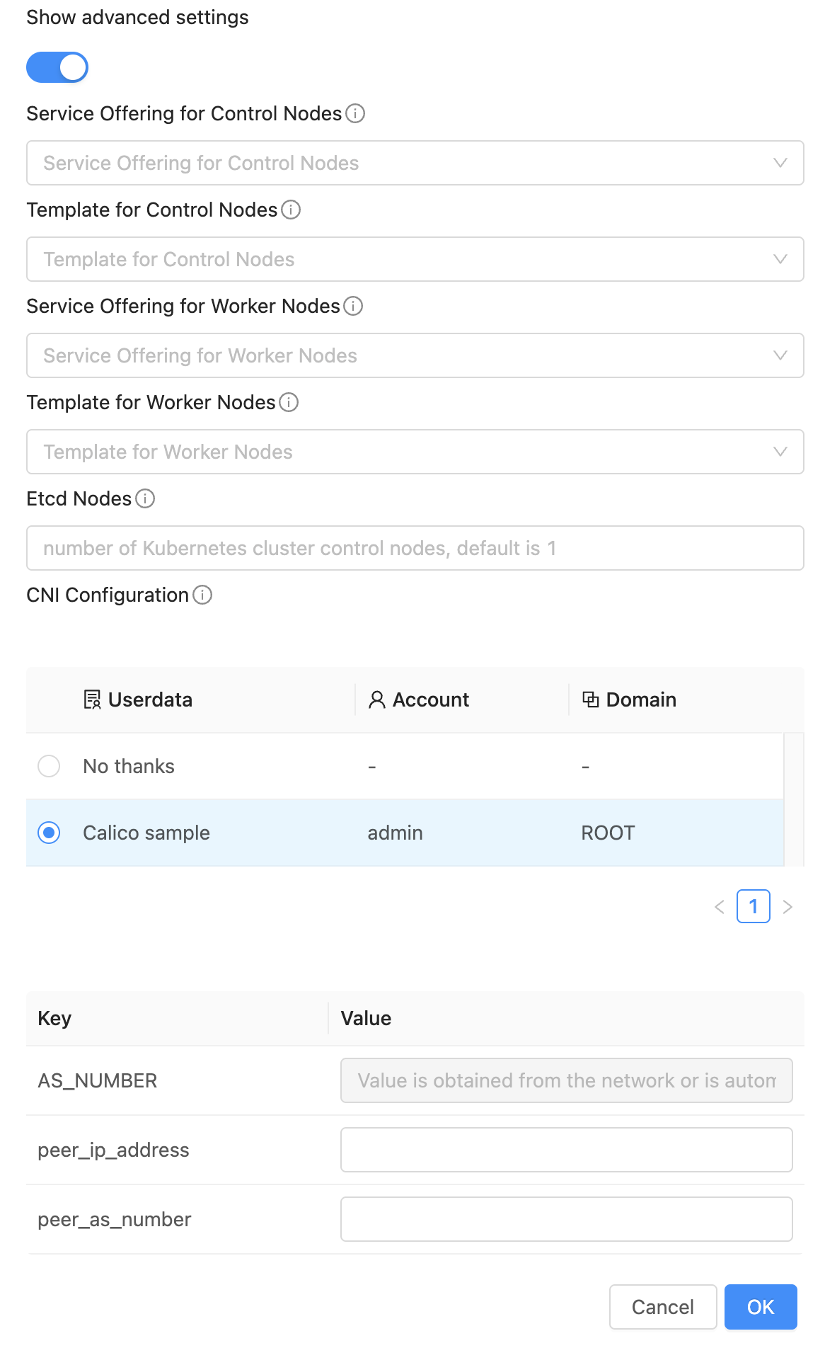 Kubernetes cluster creation setting a CNI configuration.